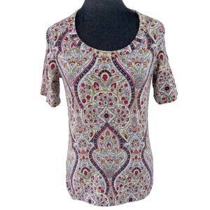 Talbots SP Preppy Boho Tee Shirt Short Sleeve Paisley Floral Red Blue